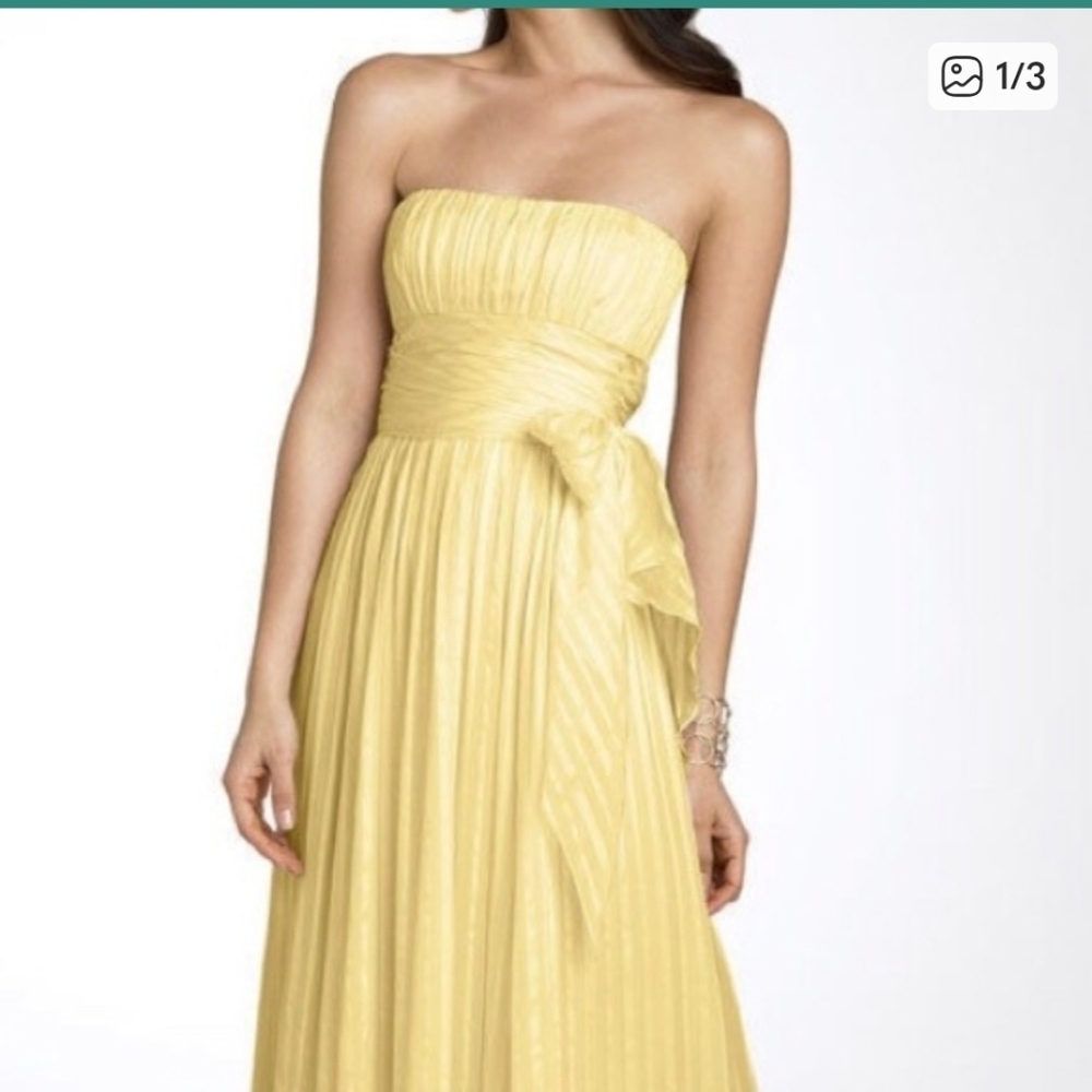 BCBGMAXAZRIA Midi Long Dress 6 Pleated Sleeveless Belted Lined Yellow Ethereal